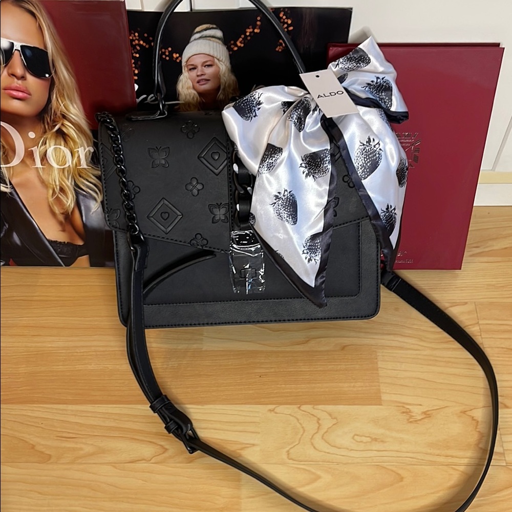 Aldo Black and Silver Satchel with Elegant Bow